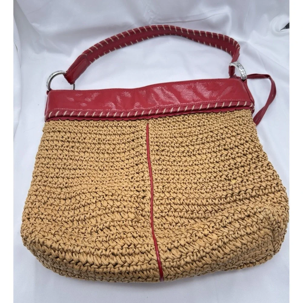 Brighton Straw Raffia Woven Shoulder Bag Purse Red Leather Trim Beach Boho Hobo